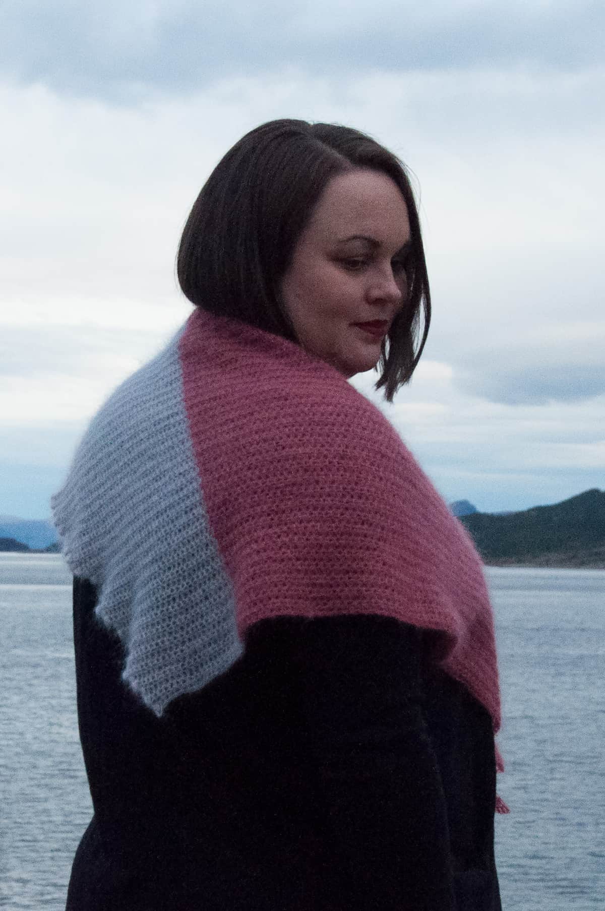 crochet light like a feather shawl, kid silk hobbii yarn, shawl modeled by the beach