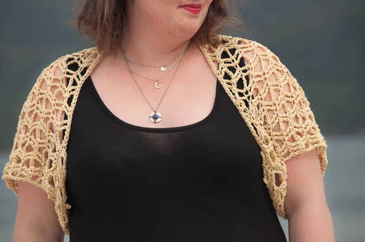 crochet sunny bolero crochet pattern design, a crochet bolero shrug wrap modeled
