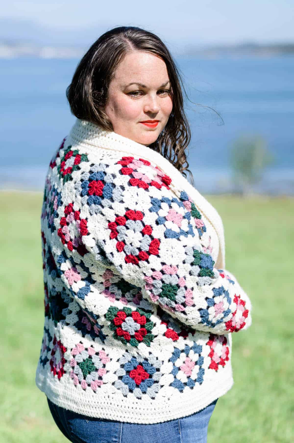 POL Crochet Granny Square Cardigan in Powder Beige Multi – June Adel