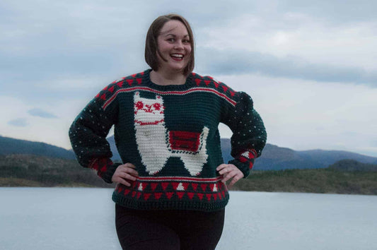 crochet alpaca my holiday sweater free crochet pattern modeled, ugly christmas sweater
