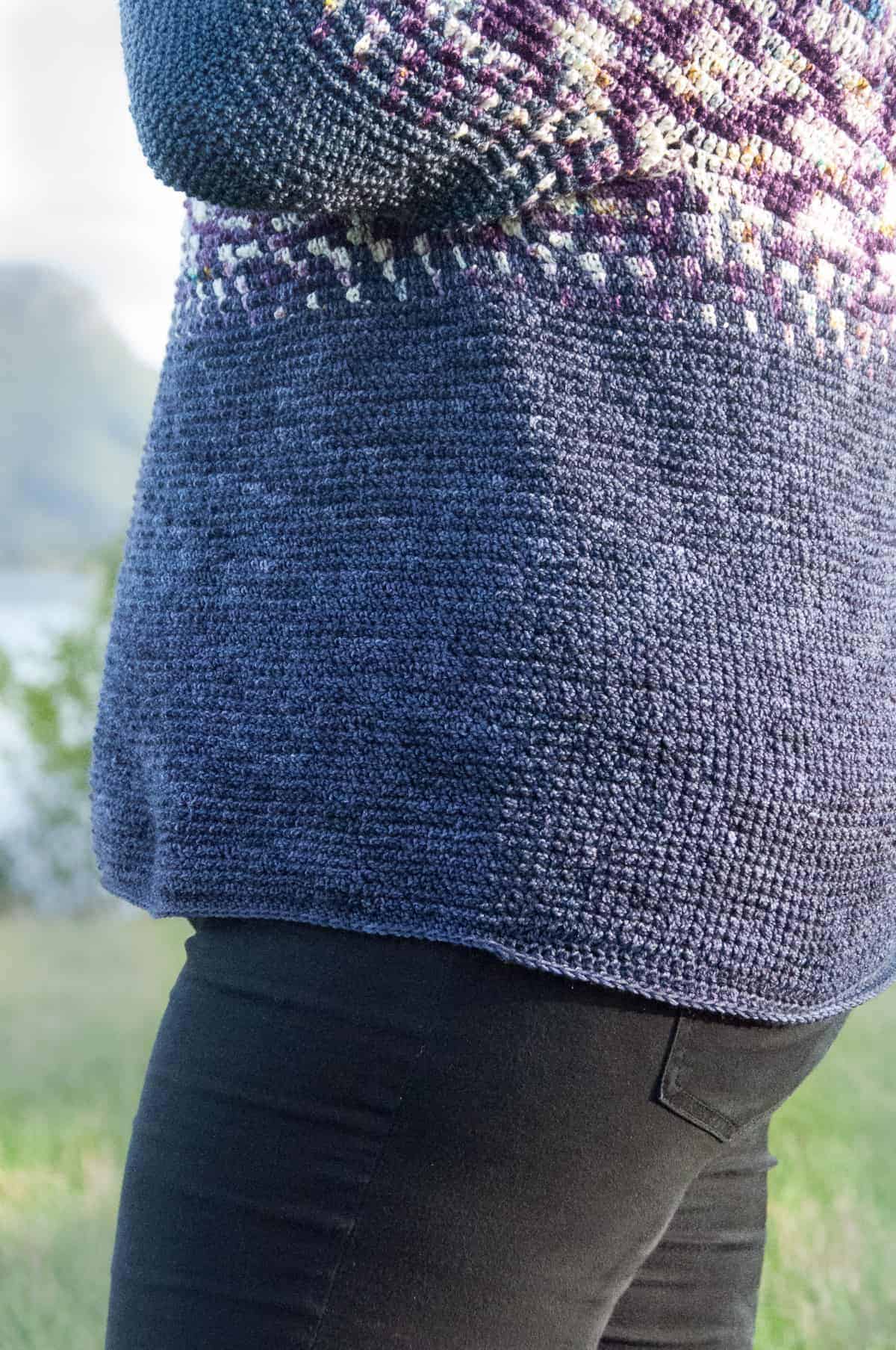 crochet gradvis sweater free crochet pattern, crochet sweater modeled, made with hand dyed yarn