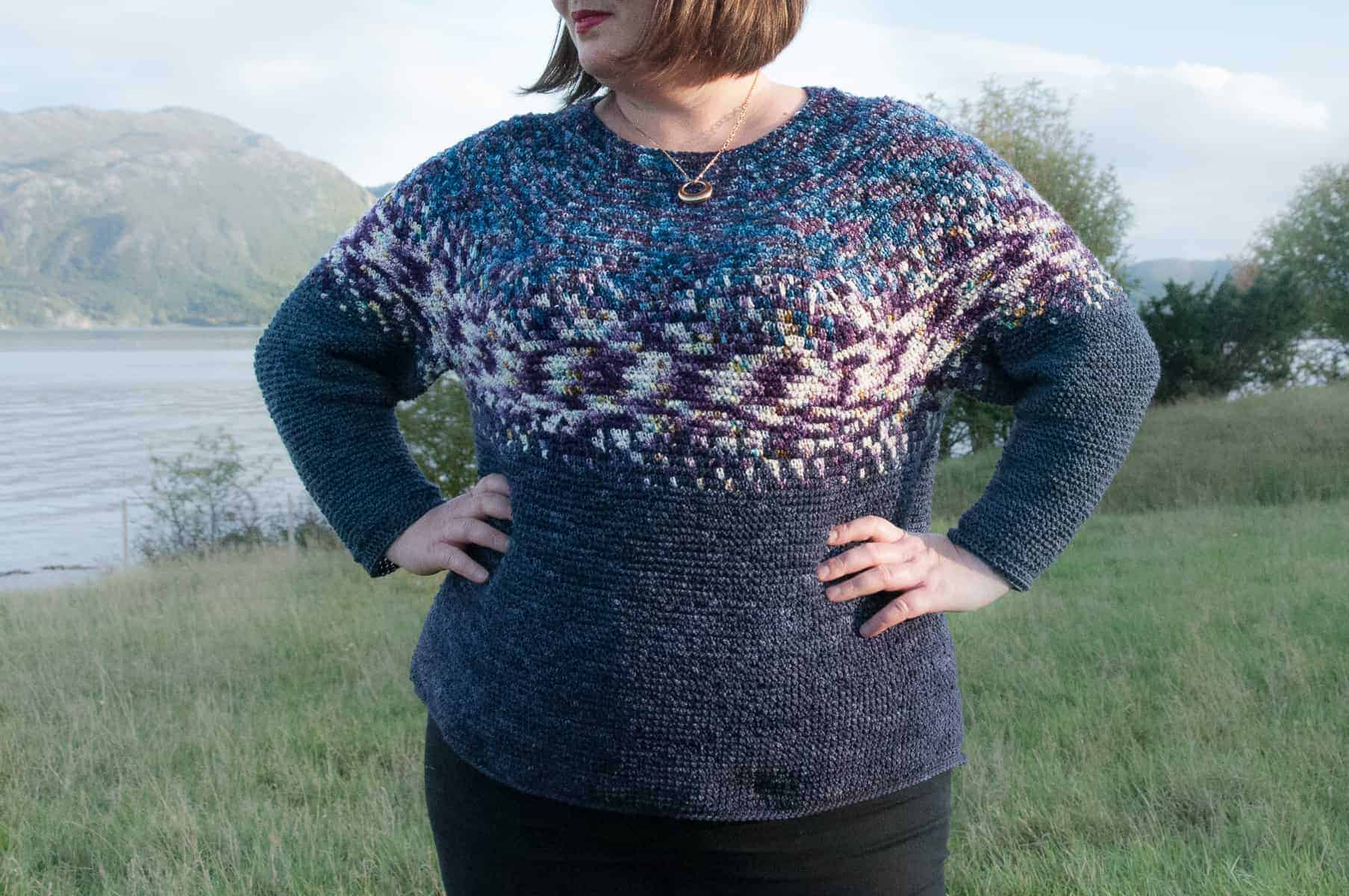crochet gradvis sweater free crochet pattern, crochet sweater modeled, made with hand dyed yarn