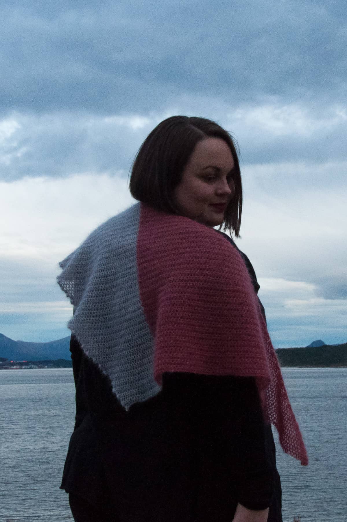 crochet light like a feather shawl, kid silk hobbii yarn, shawl modeled by the beach