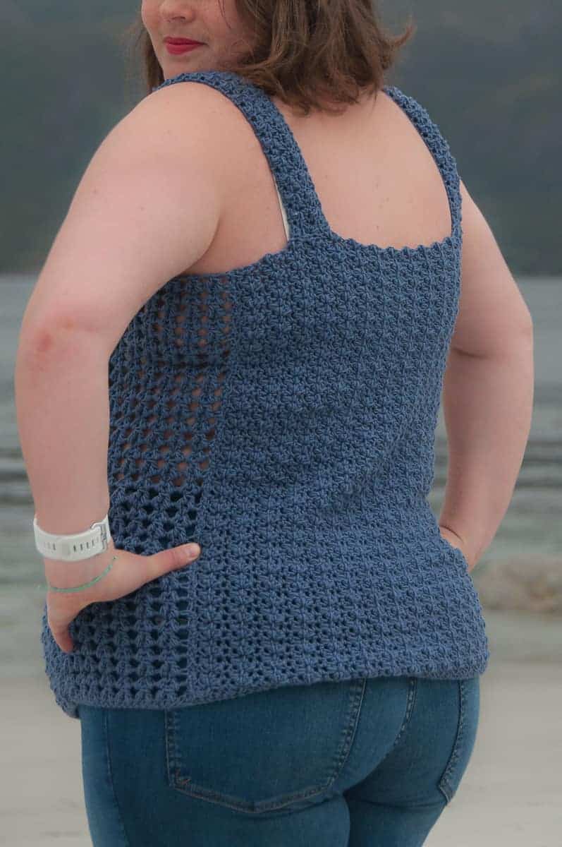 Flores Top Crochet Pattern Design , intermediate crochet top modeled by the sea