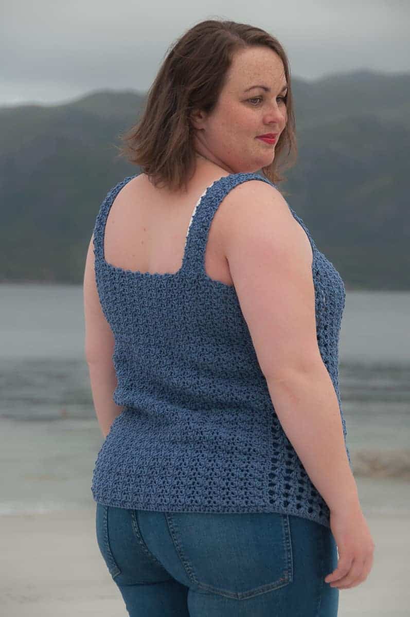 Flores Top Crochet Pattern Design , intermediate crochet top modeled by the sea